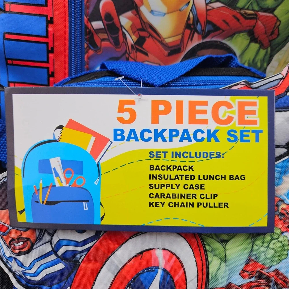 Marvel Avengers 5 Piece Backpack Set Boys Kids School Bag Lunch Case Keychain